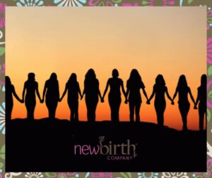Line of women's silhouettes standing on a dark elevated ground with a sunset in the back and the words New Birth Company written over the dark ground